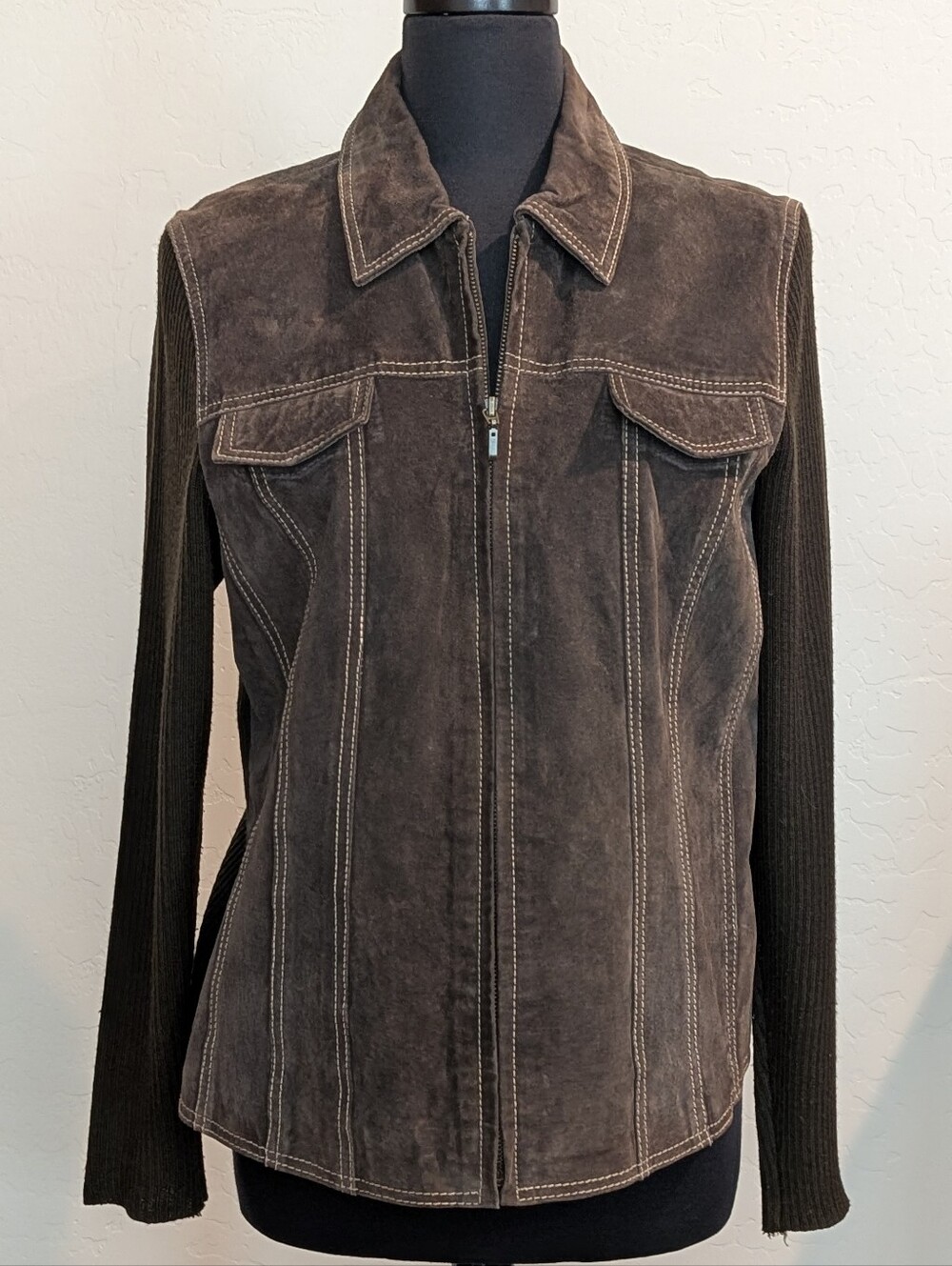 Coldwater Creek Fall Suede Wool Blend Sweater Chocolate Brown Jacket Size 12